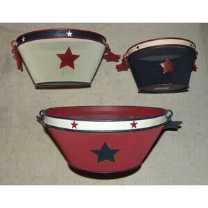 Lot 3 Russ Berrie Hand Painted Wire Nesting Baskets Patriotic Red White Blue